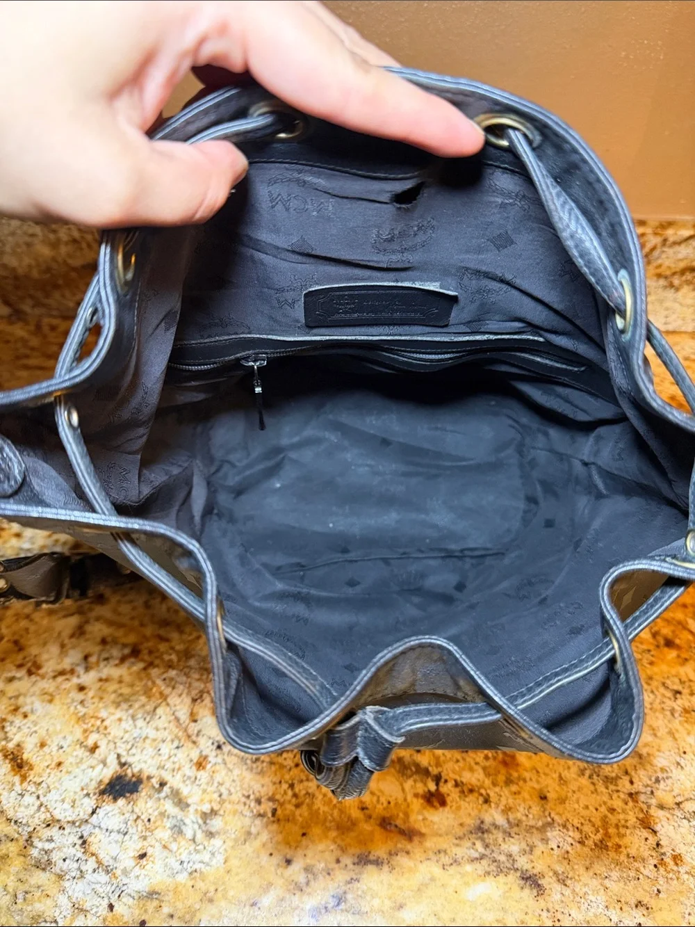 MCM Black Monogram Drawstring Bucket Hobo with Gold Plate